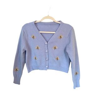 Baby Blue Knitted and Embroidered floral cottagecore cardigan cropped sweater.
